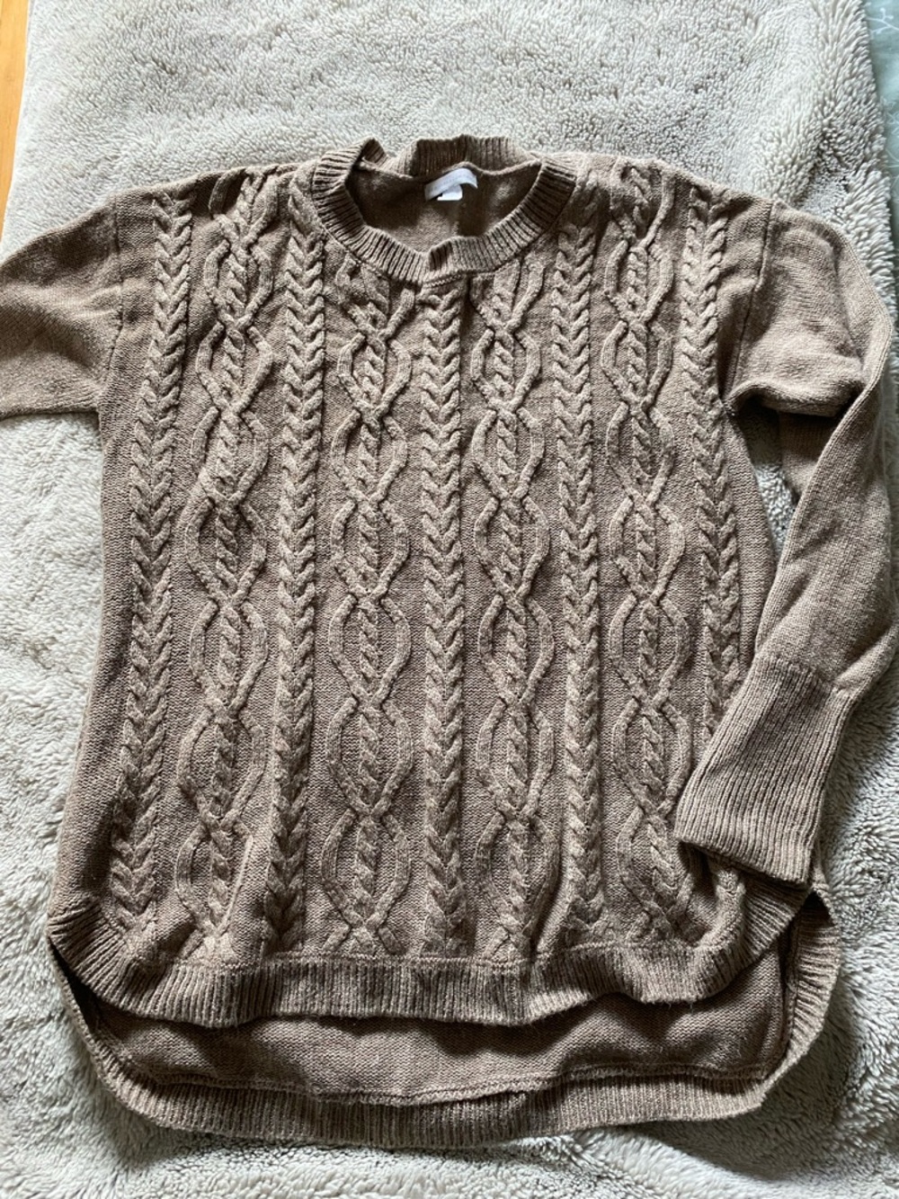 New York & Company Taupe Cable Knit Crewneck Sweater